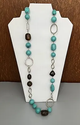 VTG 1 Strand Turquoise & Brown Chunky Acrylic Beaded Silver Tone Chain Necklace • $3.99