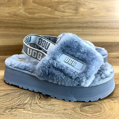 UGG Womens 8 Disco Slide Fluff Slingback Shearling Fur Sandals Platform Gray • $39.88