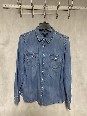 J. Crew Women Jean Shirt 12 Blue Faded Button Up Denim Blouse Tunic Top Cotton • $22.79