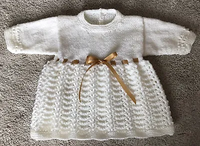 Hand Knitted Dress Age 0-3 Months Cream With Gold Ribbon • £7