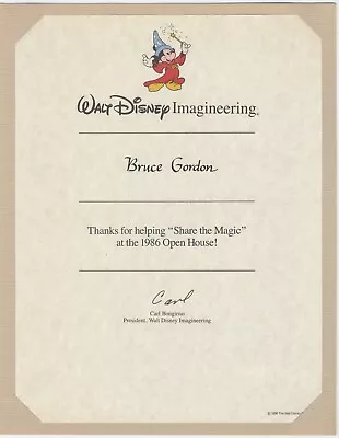 WALT DISNEY IMAGINEERING Certificate For Imagineer BRUCE GORDON 1986 • $11.95