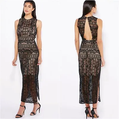 Miss Selfridge Dress Womens 2 Maxi Black Floral Lace Sleeveless Open Back Slits • $39.59