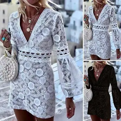 $13.51 • Buy SIZE Womens Deep V Neck Lace Crochet Mini Dress Summer Beach Holiday Sundress AU