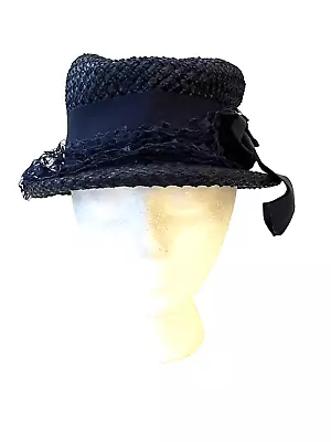 Vintage Sears Millinery Navy Blue Straw Bowler Hat Women's 22.5 22 1/2 • $9.99