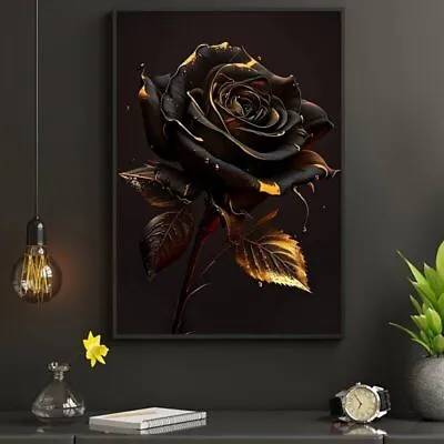 Stunning Black Gold Rose Canvas Art Print Living Room Bedroom Unframed Canvas • £13