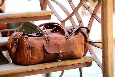 $40.05 • Buy LARGE Leather Men's Travel Luggage Gym New Duffel Bag Brown Genuine Leather