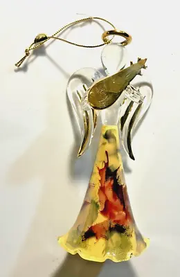 Vintage Angel Ornament - Clear Blown Glass-Multi-color Gown-Gold Accents Lute EX • $12.99