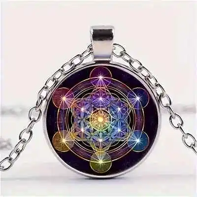 Geometry Metatron Cube Pattern Cabochon Glass Pendant Necklace • $8.95