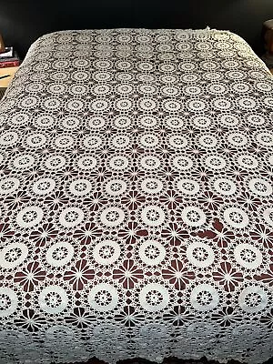 Antique Beige Handmade Crochet ‘Lace’ Bedspread Coverlet 105x105 Queen/King WOW! • $67.99