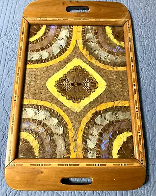 Vtg Brazilian Butterfly Wing Inlaid Wooden Serving Tray 20X13  MCM Blue Morpho • $49.99