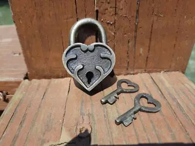 Mini Miniature Brass Heart Lock 2 Heart Keys Love Treasure Gate Bridge Wedding • $9.99