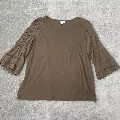 J Jill Shirt Womens Large Brown Crochet Lace 3/4 Bell Sleeve Casual Boho Peasant • $24.99