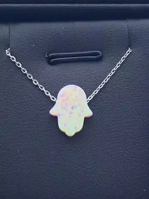 Platinum Sterling Silver Pink Opal Hamsa Design Hand Of God Good Luck Necklace • £52.25