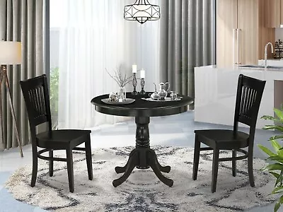 3pc Kitchen Dinette 36  Round Pedestal Table + 2 Wood Dining Chairs In Black • $390