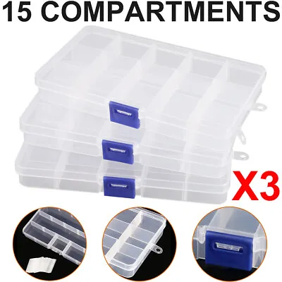 £4.44 • Buy 3X 15 Compartment Plastic Storage Box Jewellery Bead Craft Organizer Adjustable