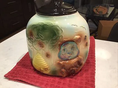 G-94 Vintage Cookie Jar - Bisque Honey Bear & Beehive Flasher Corner Cookie Jar • $90