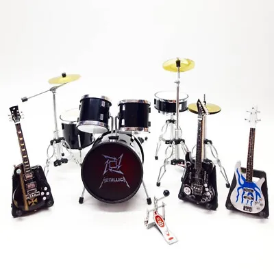 Miniature Drum Set 3 Guitars Black Metal Rock Instrument Band Gift Scale 1:12 • $42.50