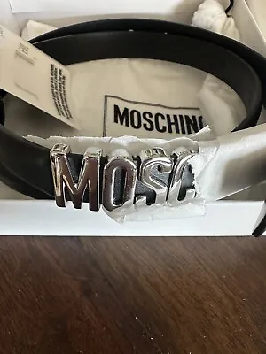 Authentic Moschino Logo Skinny Black Leather Belt Silver New With Tag Size 75 • $110