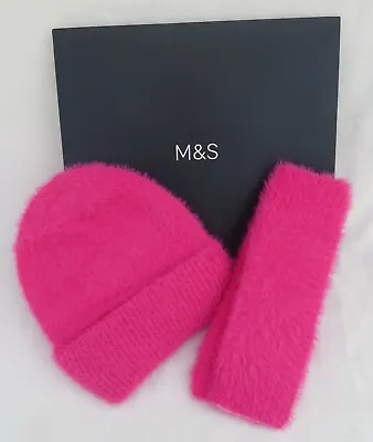 Ladies Marks And Spencer Pink Fluffy Hat & Fingerless Gloves 2 Part Set One Size • £14.50