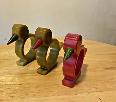 Vintage Bakelite Three Chicken Napkin Rings  Two Green One Red MCM Easter Decor • $100