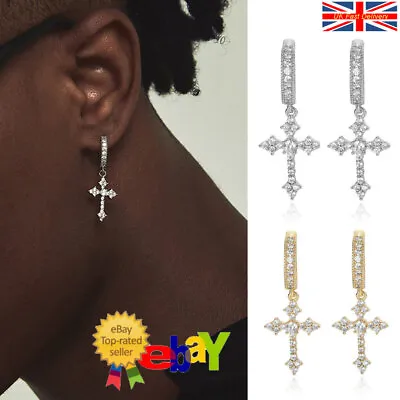 Men Women Cross Dangle Hoop Earrings Stainless Steel Ear Piercing Punk Jewellery • £1.95
