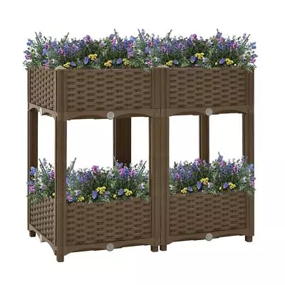 2 Tier Brown 4 Raised Flower Bed Rattan Effect Garden Edge Fence Planter Pot • £34.95