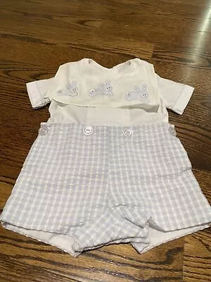 Vintage Judy Lynn Boys Romper 12 Months Gingham Bunnies Bib SE • $30