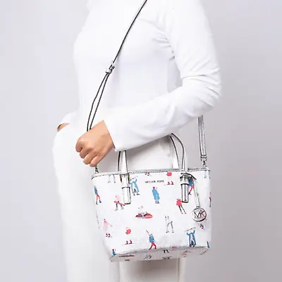 Michael Kors Jet Set XS Top-Zip Crossbody Tote Bag In Silver Bright White NWT • $99