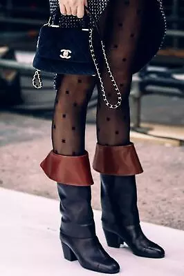 CHANEL 20K Two Tone Leather Musketeer Western Foldover Tall Boots Heels $1800 • $1499.99