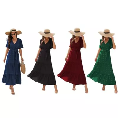 Womens Short Sleeve V Neck  Dot Maxi Dresses Boho Belted Summer Party Dress • $38.49