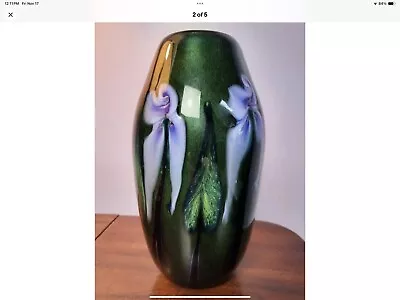 Charles Lotton Adventurine Green Art Glass Vase Pink/Purple Multi Flora 9&3/4  • $1200