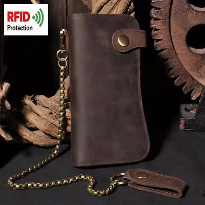 £19.99 • Buy Men Cowhide Leather Long Biker Trucker Chain Wallet Checkbook Purse Card Holder