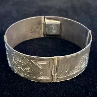 Sterling Silver Bracelet Mexico SIGNED Mayan Masks Pyramids 4 Panel VTG JCS • $54.99