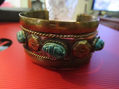 Vintage Egyptian Revival Cuff Bracelet With Scarabs • $4.99