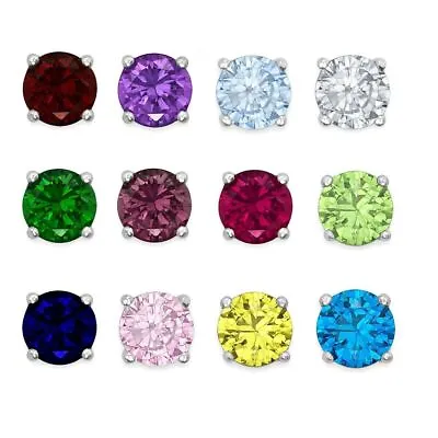 Round Birthstone Earrings Real 14K White/Yellow Gold Gemstone CZ Studs 3mm-9mm • $39.99