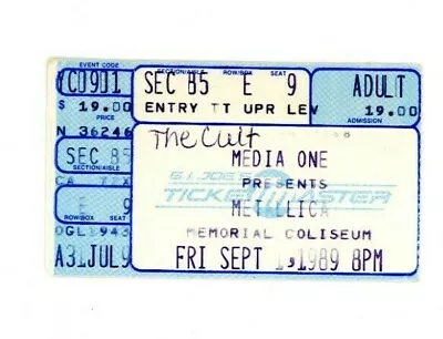 1989 Metallica The Cult Damaged Justice Tour Ticket Stub 9/1/89 Portland OR N81x • $26.38