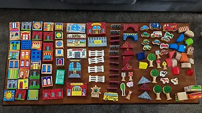 Vintage Colorful/Wooden Building Blocks Mixed Buildings Cars Signs 130 Pieces. • $49.95