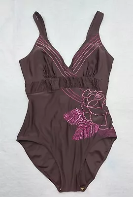 Christina One Piece Swimsuit Womens 10 Brown Pink Embroidered Floral Beach Swim • $16.79