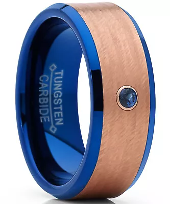 Blue And Rose Tone Tungsten Wedding Band Real Sapphire Gemstone Ring • $22.99