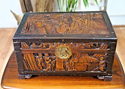 Antique Chinese Camphor Wood Chest Box Deep Carved Hinged Lid • £100