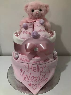 Nappy Cake Two Tier Girl 0-3 Months. Soft Toy Teddy.  Baby Shower Leavers Gift • £26