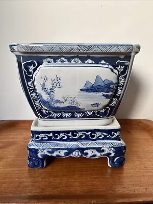 Decorative Chinese Blue & White Plant Pot Planter On Stand Base Jardiniere • £60