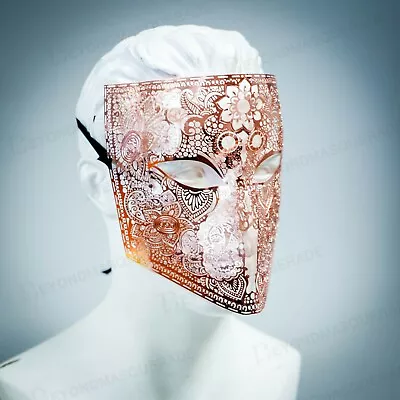 Mens Metal Bauta Venetian Laser-Cut Filigree Metal Masquerade Mask [Rose Gold] • $24.95