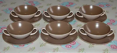 Poole Pottery Sepia & Mushroom Twintone Set 6 Soup Coupes & Stands. Soup Bowls. • £29.99