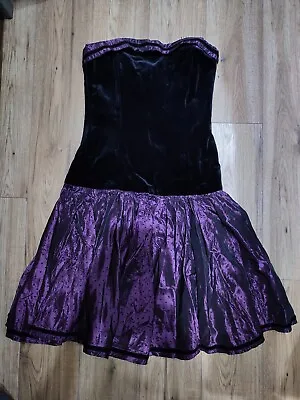 Laura Ashley Vintage 80s Black Velvet Purple Polka Taffeta Drop Waist Dress • 14 • £40
