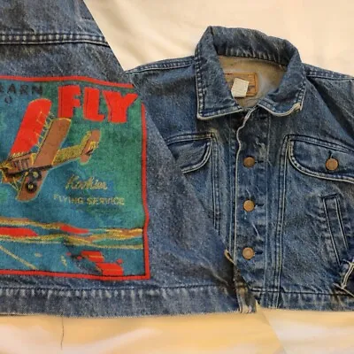 Vintage Plain Pockets Denim Cotton Jean Jacket Painted Airplane Back Kids Sz L • $24.99