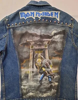 $395 • Buy Iron Maiden Metallica Ozzy Osborne, Hand Painted Studded Patched Denim Mens...