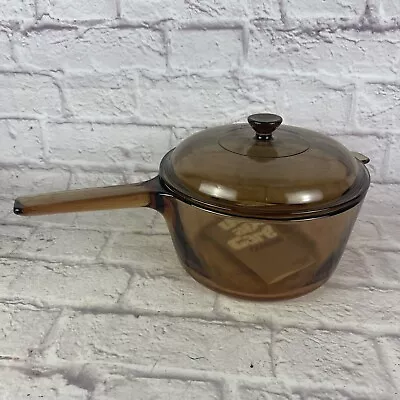 Corning Pyrex Vision Ware Amber Cookware 2.5 L Sauce Pan Pot With Lid USA • $29.99