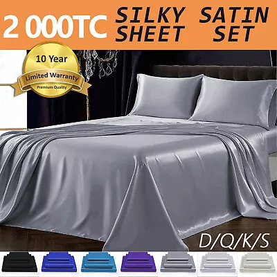 Satin Pillowcase Flat Fitted 2000TC Silky Sheet Set Single/Double/Queen/King NEW • $26.33