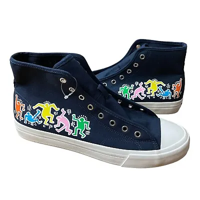 H&M Keith Haring Shoes Men's Size 44 US 10.5 Navy Canvas High Top Sneakers • $29.99